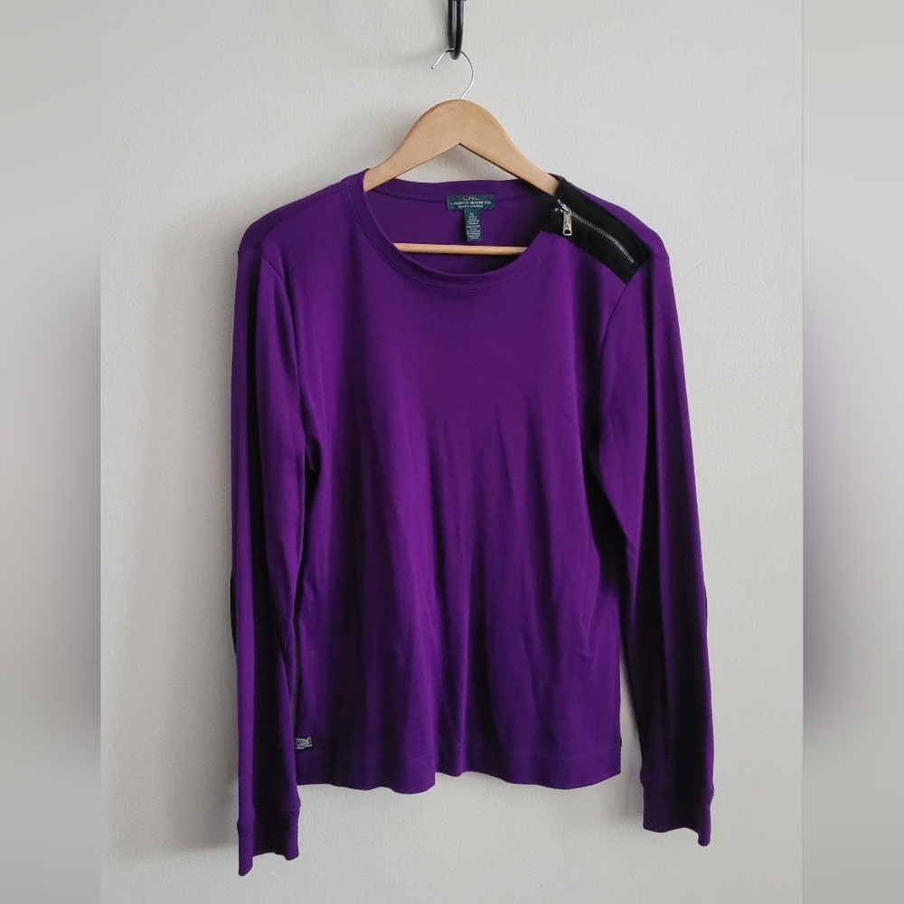 Ralph Lauren Suede Trimmed Elbow Patch Crew, Women's XL, Royal Purple & Black